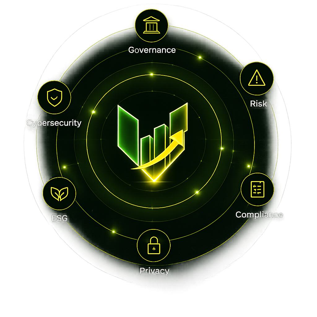 Verticz at the centre of six domains: governance, risk, compliance, privacy, ESG and cybersecurity